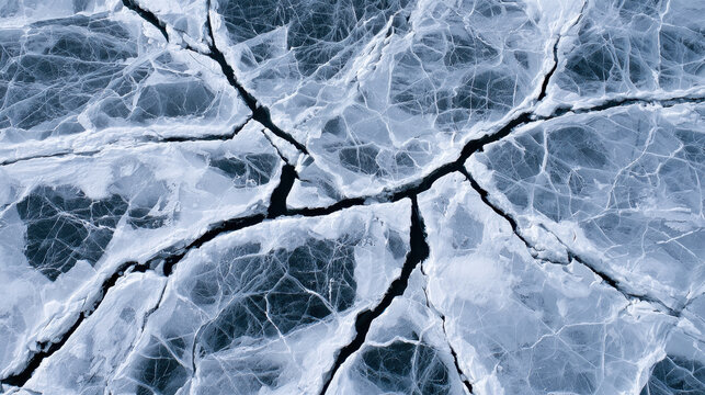 Cracked frozen lake ice pattern from above like abstract mosaic