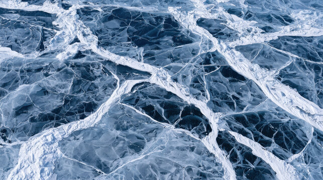 Aerial top view of frozen lake ice with white cracked patterns