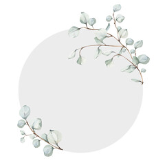 Watercolor round frame with delicate silver eucalyptus branches on soft grey circle background. For wedding invitations, logos, and natural stationery design, organic cards, cosmetics packaging. © Oksana