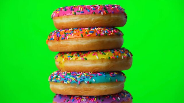 Stack of colorful glazed donuts with sprinkles on a green screen background