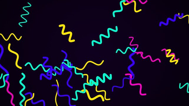 Animated colorful wavy lines and squiggles on a dark purple background, abstract motion graphics