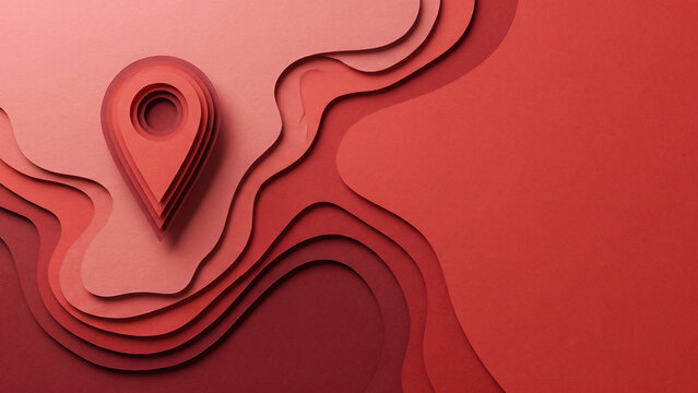 Red layered paper cut art location pin on top of a topographic map on a red background