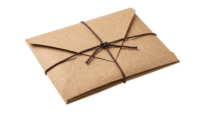 Brown paper envelope tied with string isolated on transparent background