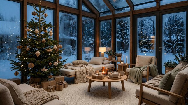 Cozy Christmas sunroom with decorated tree and snowy forest view