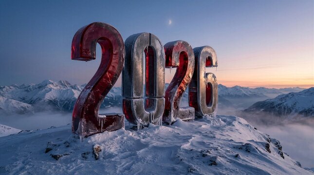 Frozen 2026 numbers on a snowy alpine mountain at sunset
