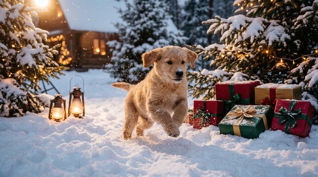 Golden retriever puppy playing in snowy Christmas scene with gifts