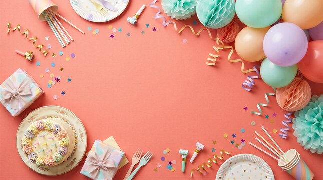 Colorful birthday party flat lay with cake, balloons and confetti
