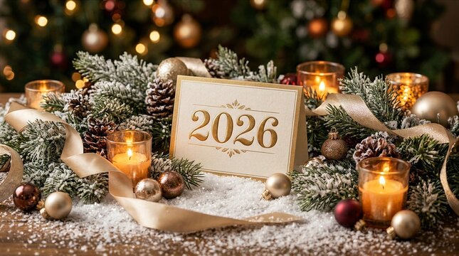 Elegant 2026 New Year card with snowy Christmas greenery and candles