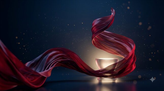 Elegant red silk ribbon flowing around a glowing cup