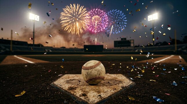Baseball celebration with fireworks and confetti at dusk
