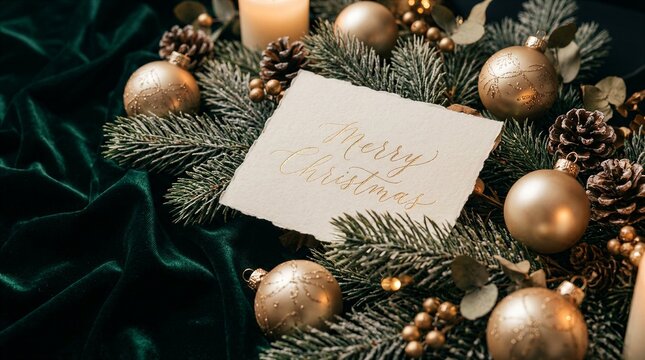 Elegant Christmas greeting card with gold ornaments and fir branches