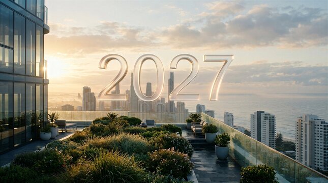 Rooftop garden terrace overlooking a coastal city skyline at sunset