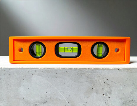 Matte orange carpenter spirit level with three vials on concrete