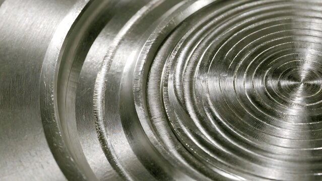 Close-up view of a brushed metallic surface with intricate concentric circular patterns and parallel grooves, showcasing industrial texture and finish.
