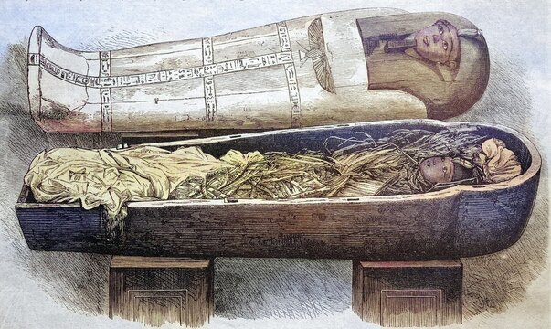 Mummy of the ancient Egyptian king Pharaoh Amenophis I, reigned from 1525 to about 1504 B.C., coloured wood engraving, reproduction from a model from about 1888, historical, Egyptian mummy in a sarcophagus, an artefact full of secrets