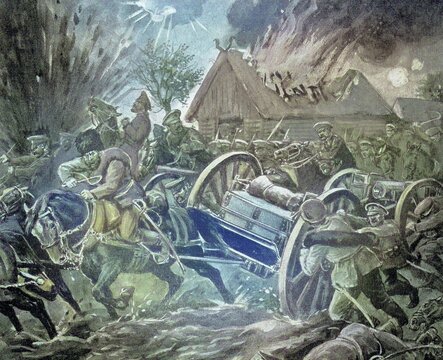 Scene of Russian mounted artillery in use on the Eastern Front during World War I. It shows the hasty change of position or retreat behind Brest-Litovs of a Russian artillery unit under heavy enemy fire. In the background, a wooden village isba is flaming, while grenades explode on the left, a reproduction of an original from the 19th century. Authentic, file restored for optimal use, exact date of original unknown, nostalgically colored