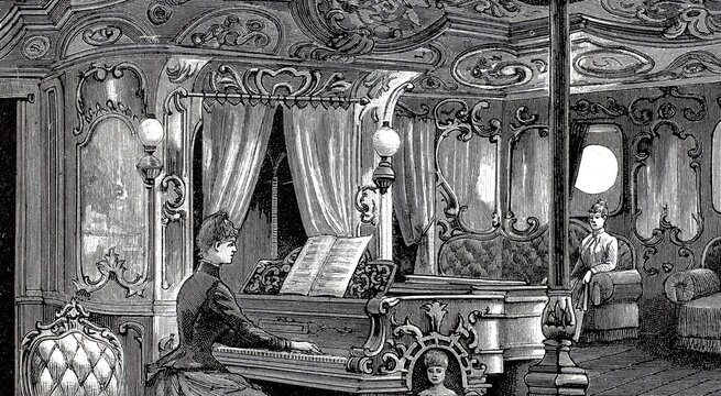 Pictures of a luxurious ocean fast steamer around 1890, music hall, ship Columbia of the Hamburg-Amerikanische Packetfahrt-Actien-Gesellschaft, HAPAG, Historical, authentic, digitally restored reproduction from a 19th century original, Record date not stated