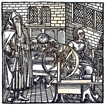 Die geilen M&ouml;nche, Satire-Holzschnitt aus dem 16th Jahrhundert, digital verbesserte Reproduktion aus einer Publikation aus dem Jahr 1880, The horny monks, satire woodcut from the 16th century, digital improved reproduction from a publication of the year 1880