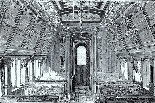 Luxurious Sleeping Car of the American Railroad, in 1870, developed by George Mortimer Pullman in 1859, Historic, digitally restored reproduction of a 19th century original, Exact date unknown