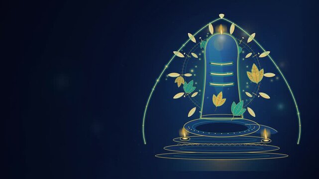 Shiva Lingam with glowing bilva leaves and diya lamps animated motion background