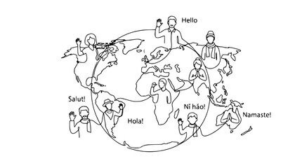 Global Greetings: Diverse People Waving Hello Around the World Map © Yusuf