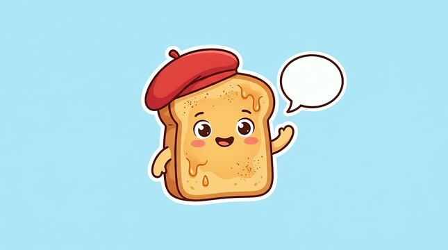 Adorable cartoon French toast bread slice character wearing a classic beret hat smiling cheerfully with speech bubble saying greeting message isolated against a clean minimalist solid backdrop