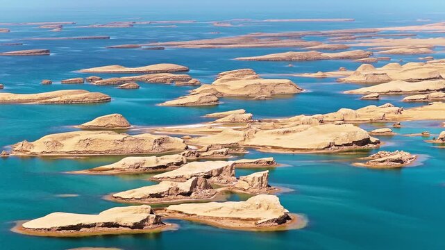 High angle shot of Wusute Yadan Geological Park featuring unique yardang landforms emerging from vibrant blue lake water in Qinghai China.