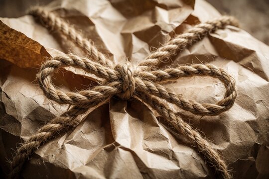 Brown crumpled craft paper wrapped with jute twine knot. Close up of package tied with rope for eco gift shipping. Rustic handmade parcel on textured background. Minimalist organic aesthetic for