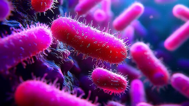3D Illustration of Microscopic Pink Rod-Shaped Bacteria and Pathogens