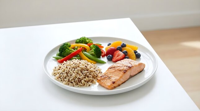 Balanced plate sections of grains vegetables protein and fruit on a white table