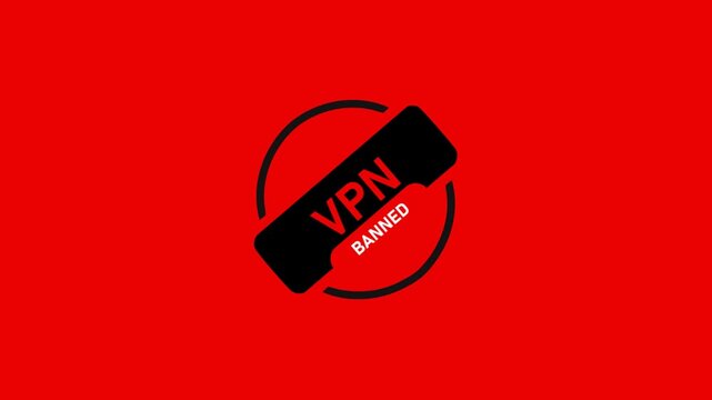 VPN banned animation on red background with black badge and banned label, internet restriction and VPN blocked warning concept, motion graphics