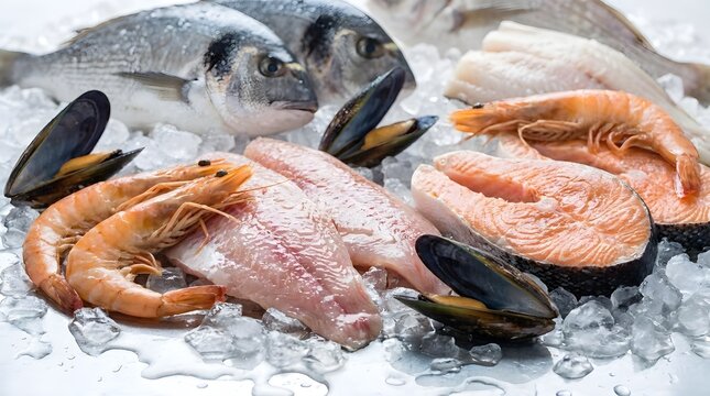 Fish and seafood on crushed ice for protein rich diet