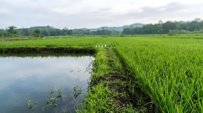 Fish pond beside a rice field in an integrated farm