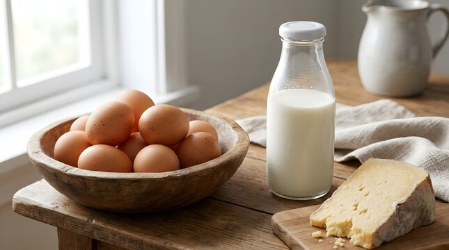 Eggs and milk and cheese protein sources on a farmhouse table