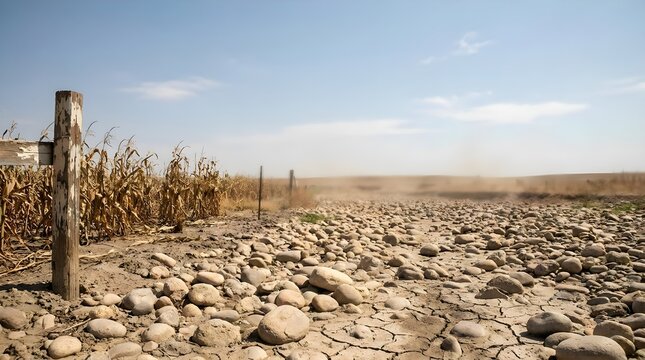 Dry riverbed beside an abandoned farm plot