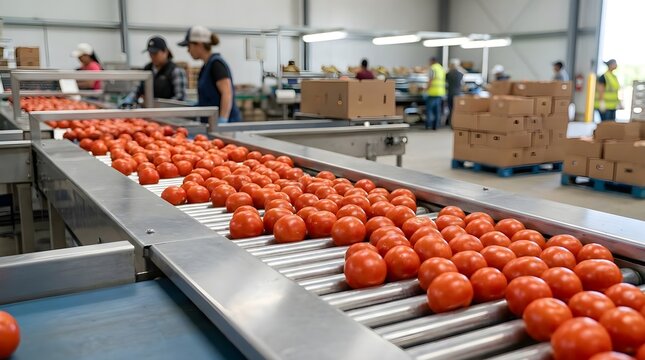 Conveyor belt sorting fresh tomatoes at a packing house