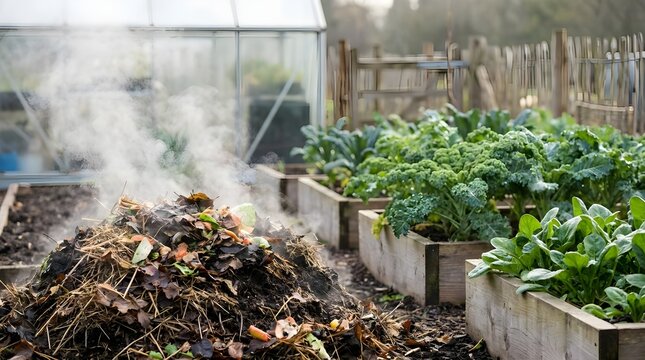 Compost heap steaming beside organic vegetable beds