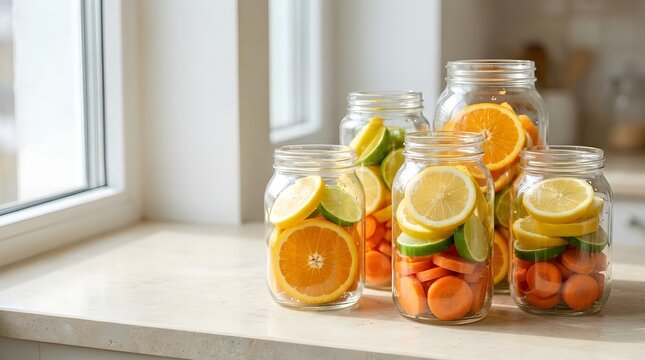 Citrus slices and carrots in glass jars symbolizing vitamin rich nutrition