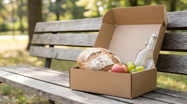 Care package with bread water and fruit on a wooden bench
