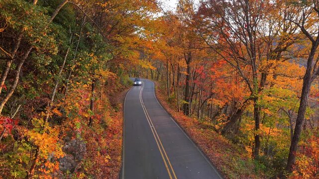Scenic car drive at autumn landscape in mountains at sundown. Fall colors stretch across hillsides along quiet road.
