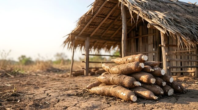 Cassava roots piled beside a rustic farm hut