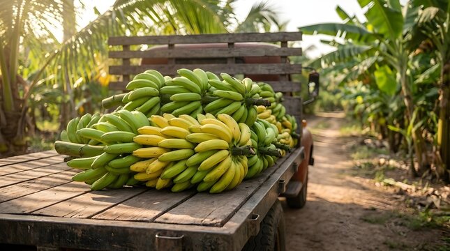 Bunches of bananas loaded on a plantation truck
