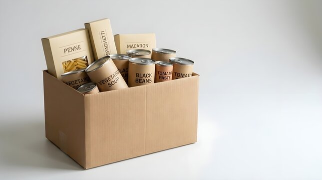 Cardboard donation box filled with canned goods and pasta