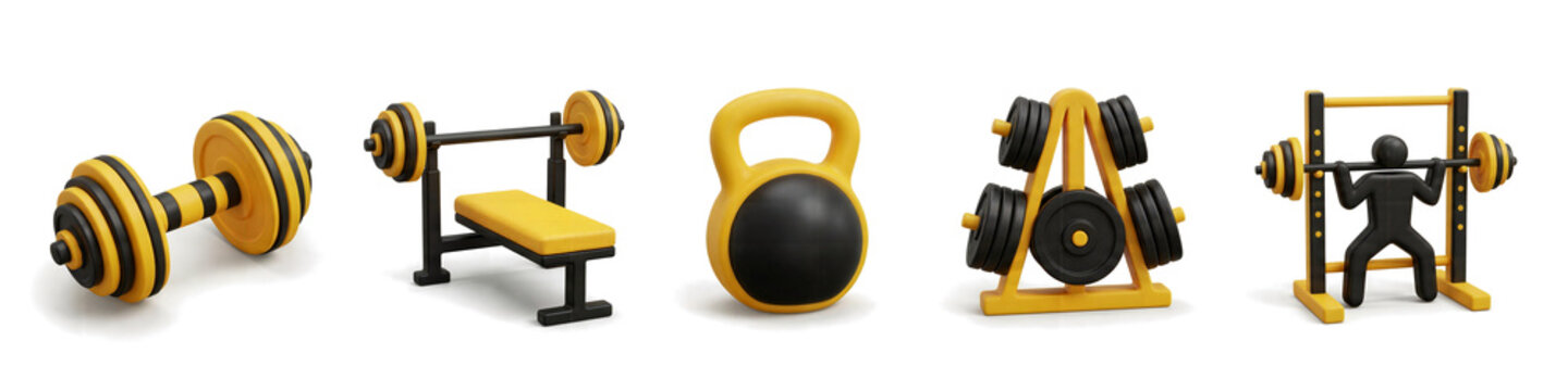 Gym fitness equipment icons set, 3D dumbbell, kettlebell and weight bench isolated on white