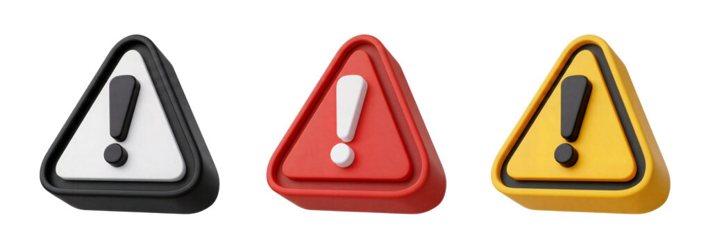3D warning icon set, hazard alert triangle signs