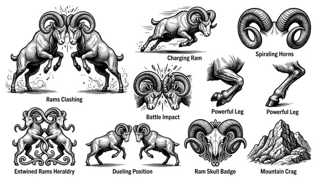 Detailed vintage engraving collection featuring powerful rams and mountain elements