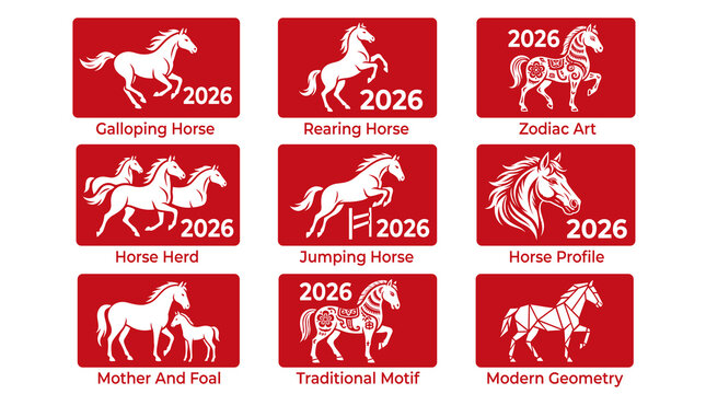 Set of nine red and white horse icons for the year 2026