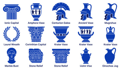 Set of blue icons featuring various ancient classical historical artifacts and symbols © simpldesign