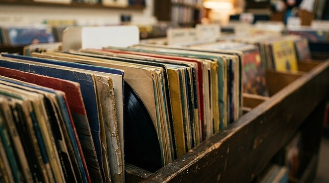 Detailed macro perspectiveclassic retro vinyl records arranged on display shelves inside a nostalgic musical store featuring vintage analog disc media collection for sound enthusiasts vinyl