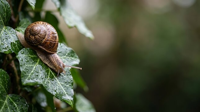 Small Brown Snail Crawling on a Green Leaf in Nature, Close-Up Macro Photography of a Spiral Shell Mollusk in a Garden Environment